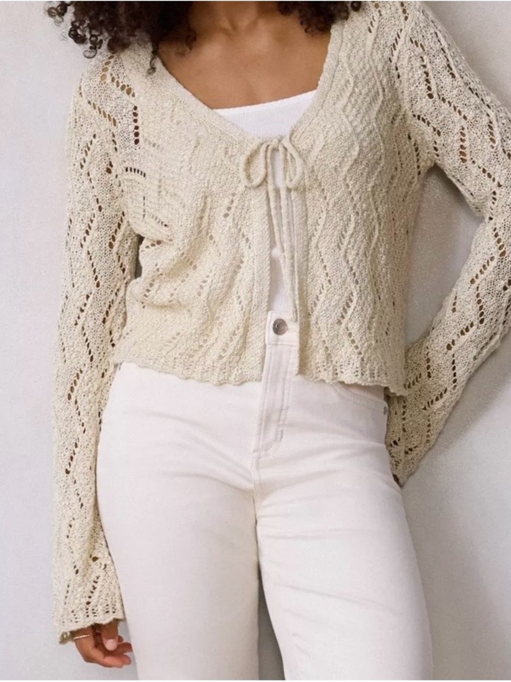 Sincerely Jules Cream Open-Knit Tie-Front Cardigan